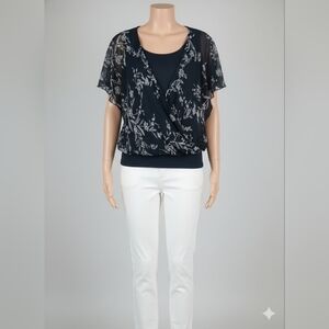 Cestyle Floral Women's Blouse With Sheer Floral Cross Top Over Solid Navy Blue